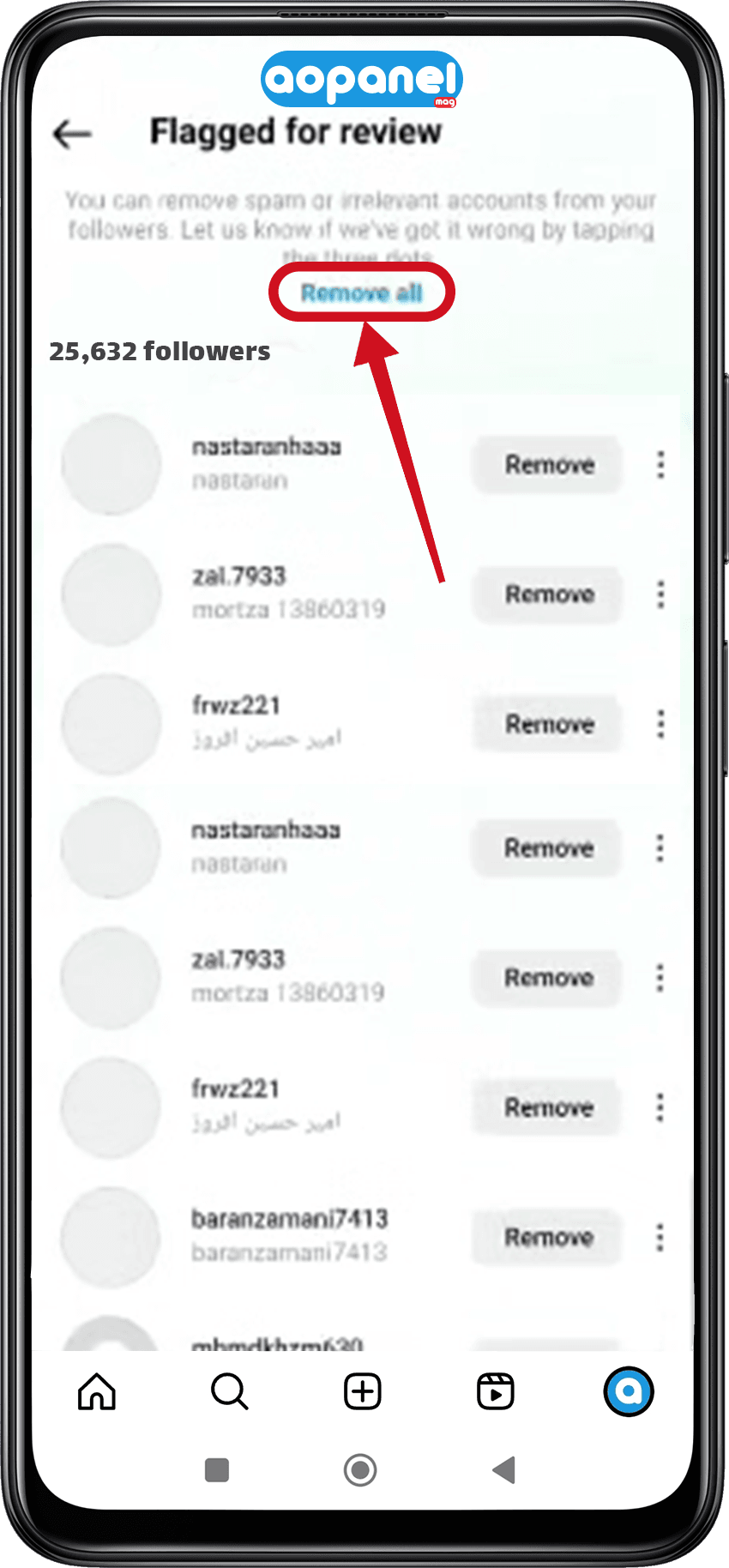 دکمه remove all برای پاک کردن فالوور های flagged - ویژگی Flagged اینستاگرام