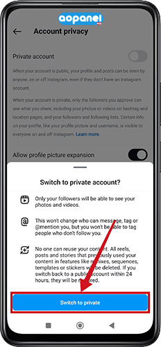 هاید کردن استوری اینستاگرام- تایید account privacy